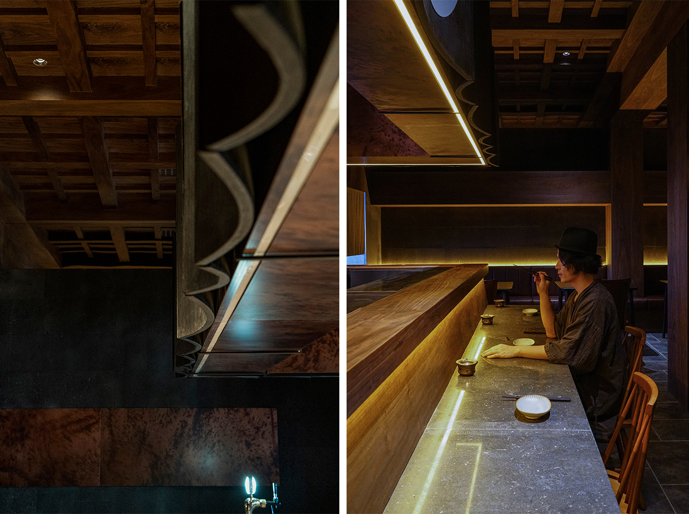 线性灯,郑州日料餐厅灯光照明设计,温暖