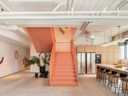 以色列办公空间灯光设计|Claroty轻工业粉橘色750 平办公室照明设计案例